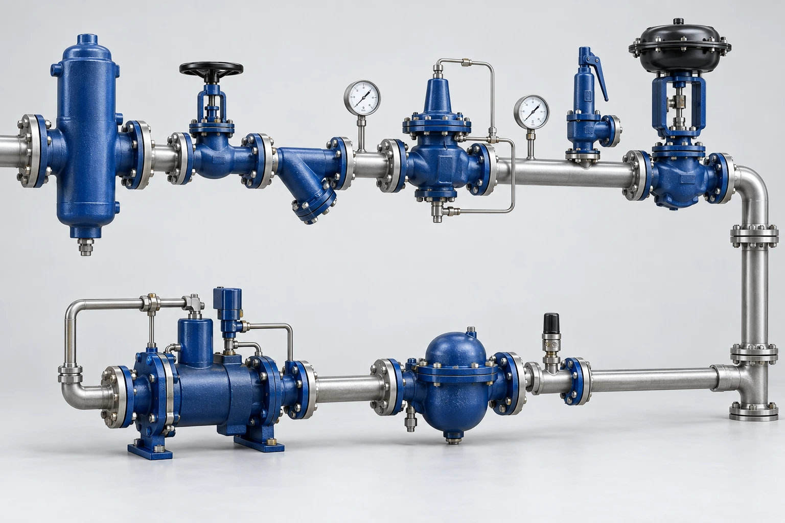 Steam valves and condensate equipment connected by pipework
