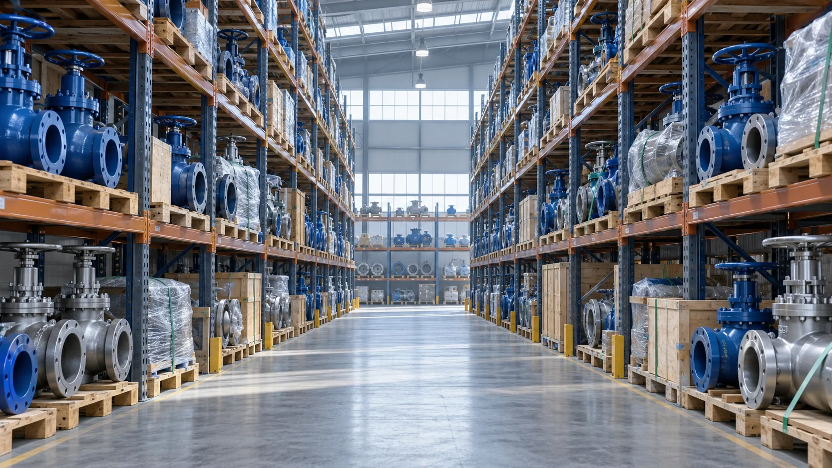 Valves and industrial equipment in a warehouse